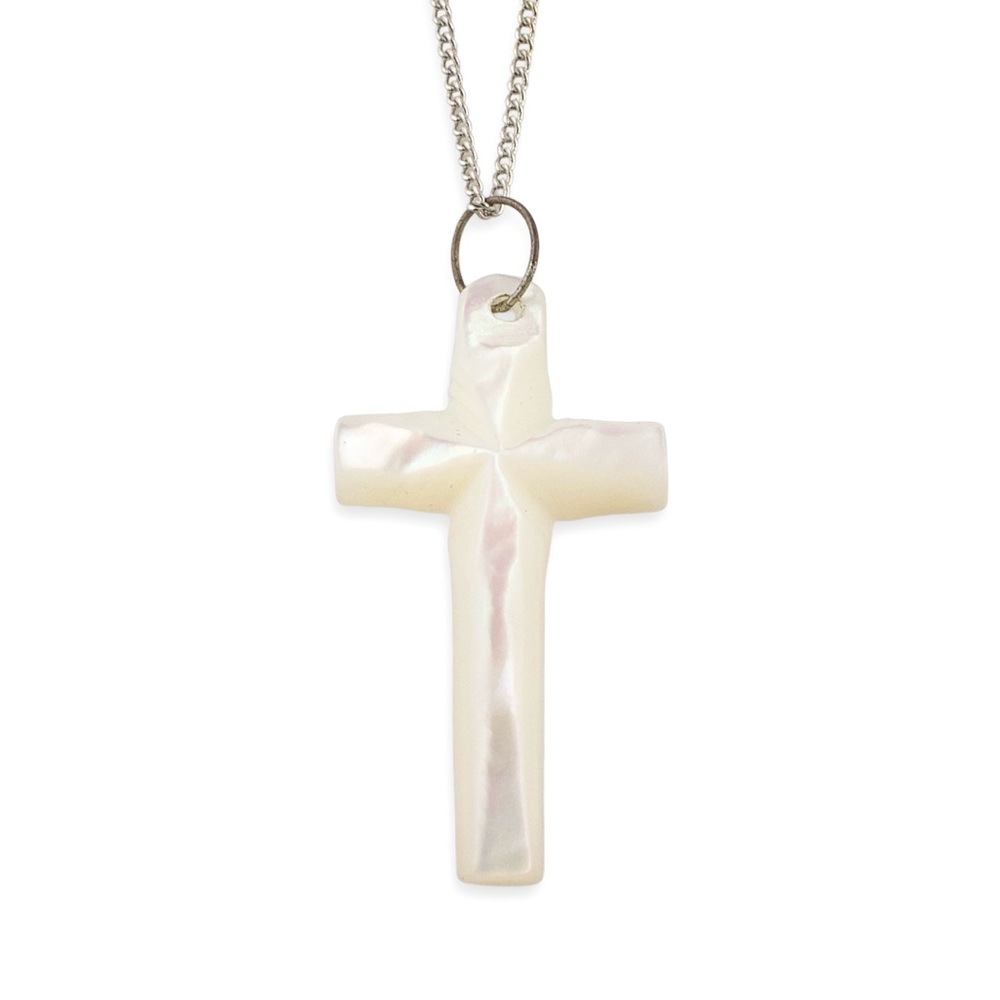 Vintage Carved Mother of Pearl Cross Pendant Necklace by SERRV New Old Stock